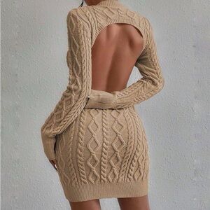 Elegant Tan Cable Knit Backless Dress